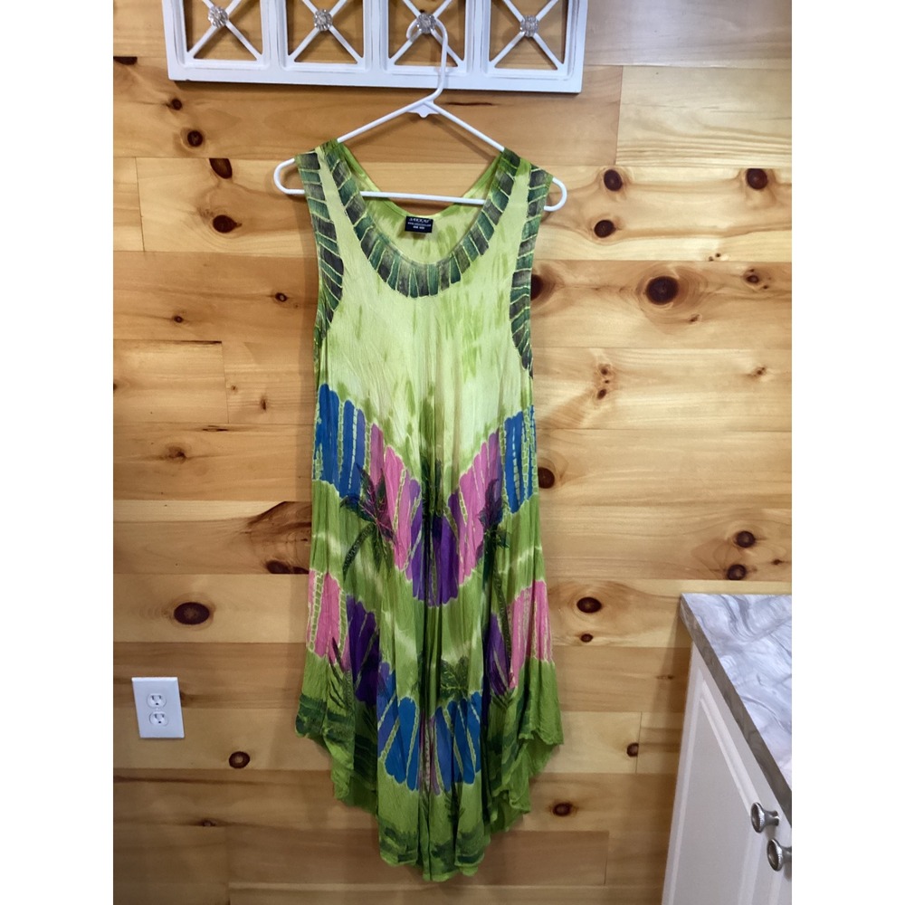 Sakkas Women Lime Green Tie Dye Boho Handkerchief Hem Rayon Dress OS ES01